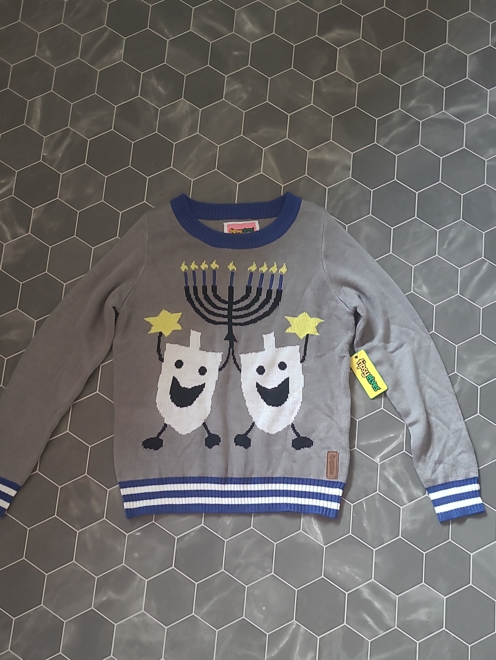 Tipsy Elves Gray Sweater with Blue Trim and Yellow Accents
